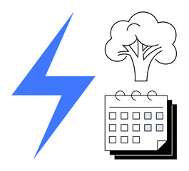 Poster - Lightning bolt, tree, and calendar signify sustainable energy, nature conservation, and time management. Ideal for energy solutions, ecology, scheduling environment power planning timelines. A