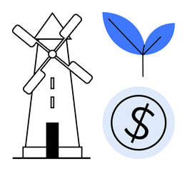 Poster - Windmill beside a blue leaf and coin design combining eco-friendly energy, green growth, and economic development. Ideal for sustainability, environment, renewable energy, finance, innovation