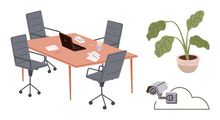 Poster - Conference room setup with chairs, table, laptop, paperwork, potted plant, and cloud-connected CCTV camera. Ideal for security, teamwork, workspace remote work collaboration technology corporate