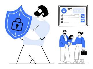 Poster - Individual protecting data privacy with shield, two people shaking hands over paperwork, and digital ID screen showcasing health records. Ideal for security, privacy, health, collaboration
