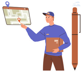 Poster - Courier points at a digital map displaying a route with location markers while holding a box. Ideal for delivery, logistics, navigation, technology, e-commerce, customer service, simple flat metaphor
