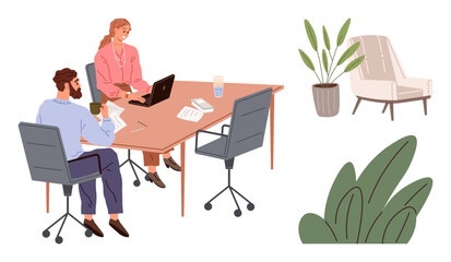 Poster - Two colleagues collaborating at a wooden desk with office chairs, a laptop, and papers. Potted plants and a modern chair in the scene. Ideal for teamwork, collaboration, office culture, remote work