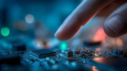 Poster - Engineer touching electronic circuit board in futuristic atmosphere