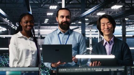 Poster - Portrait of smiling engineers in data center code with generative AI assistance. Happy IT experts doing brainstorming, leveraging artificial intelligence large language model to solve tasks, camera A