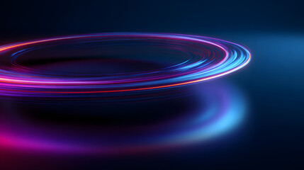 Poster - 3d glass holographic spinning circle, speed motion effect on blue macro background render. Abstract purple circular line, rainbow color gradient, energy round ring, magic spiral swirl. 3D Illustration