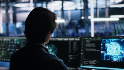 Poster - Data center system administrator working on artificial intelligence neural network software development. Server room IT specialist implementing machine learning technology in workplace, camera A