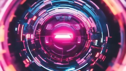 Poster - Abstract digital tunnel design featuring glowing pink and blue neon lights forming a futuristic circular structure with depth and dimension. Visual concept.