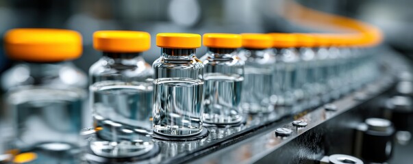 Poster - Closeup of pharmaceutical vials with orange caps on production line