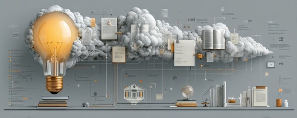Poster - Creative network of books and knowledge illustrated with a glowing lightbulb concept