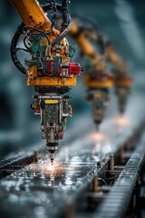 Poster - Robotic machinery on an industrial production line emitting sparks