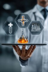Poster - Scientist Holding Digital Interface with Chemical and Industry Related Data Icons