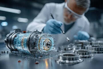Poster - Scientist Analyzing Advanced Engine Components in a Modern Laboratory Environment