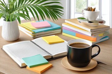 Poster - Organized workspace with notebook, coffee mug, and colorful sticky notes