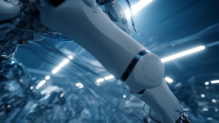 Poster - Advanced robotic arm holding a small object, showcasing precision and technological advancement in a modern laboratory setting illuminated by bright lights