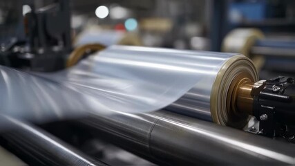 Poster - Automated machinery efficiently processes a roll of transparent plastic film within a contemporary industrial manufacturing setting, highlighting advanced technology and production processes