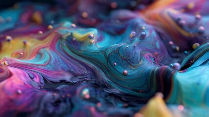 Poster - Fluid dynamics simulation showcasing colorful paint mixing and flowing, creating a mesmerizing abstract visual with metallic spheres adding a touch of innovation