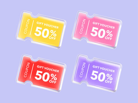 Transparency glassmorphism gift voucher discount coupon For business promotion sales and Discount online purchases. Tag label, sale banner. 3d rendering.