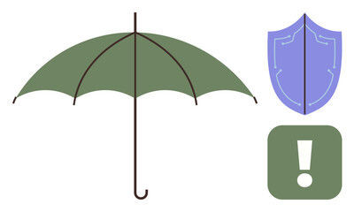 Poster - Green umbrella, blue shield, and caution exclamation mark symbolizing safety, protection, and risk warning. Ideal for insurance, security, risk management, disaster preparedness health safety