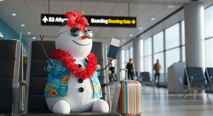 Poster - Snowman with Hawaiian shirt and lei at airport gate with suitcase and passport