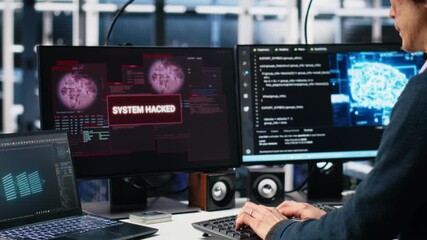 Poster - Technicians in AI server hub panicked by hacking attempt stealing sensitive company data. Team of data center IT experts fighting computer virus triggered by security systems, camera A