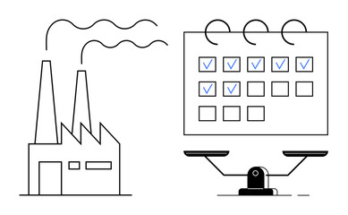 Poster - Smokestacks emitting gases, task checklist with marked boxes, and balanced scales signify balancing industrial activity, productivity monitoring, and sustainability efforts. Ideal for industry