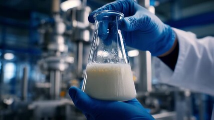 Poster - Gloved hands carefully holding an erlenmeyer flask containing a bubbling, creamy white substance, suggesting ongoing research and development within a scientific laboratory setting