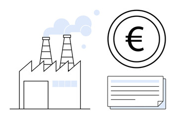 Poster - Factory emitting smoke, euro currency sign in a circle, financial document. Ideal for industry, economy, finance, profits, manufacturing trade investment. Modern simple flat metaphor