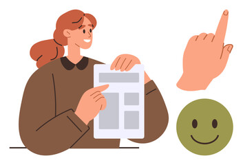 Poster - Woman holding and pointing at document, hand pointing upward, green happy face. Ideal for teamwork, approval process, feedback, positivity, communication, education simple flat metaphor