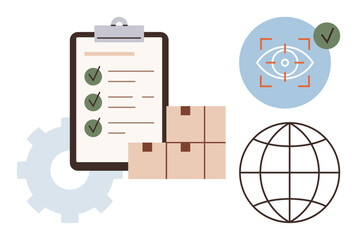 Poster - Checklist with marked items, stacked shipping boxes, globe symbolizing global logistics, and eye with tracking focus. Ideal for logistics, inventory, global shipping, tracking, planning supply