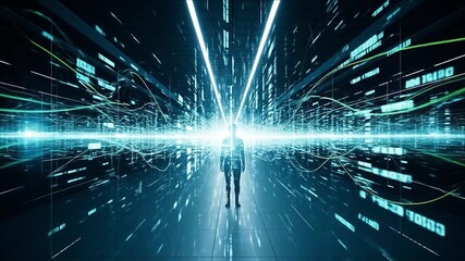 Poster - Digital Human in Data Stream: Futuristic Tech Tunnel Journey