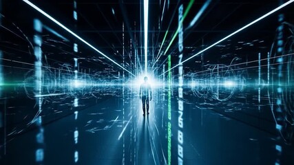 Poster - Digital Frontier: Man Walking in Data Stream, Futuristic Tech Vision