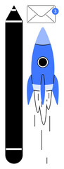 Poster - Blue rocket launching near black pencil and notification envelope with three new messages, symbolizing creation, innovation, teamwork, progress, communication, digital messaging, and productivity