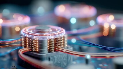 Poster - Close up of quantum computing processors generating energy, with swirling light trails emanating from copper coils and connected by colorful wires, showcasing innovative technology