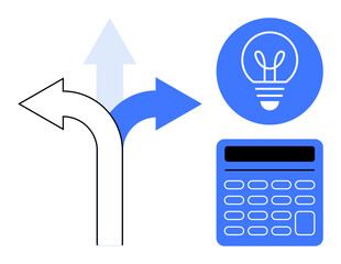 Poster - Three diverging arrows illustrating choices, a blue calculator representing calculation, and a lightbulb icon symbolizing innovation. Ideal for decision-making, strategy, planning, finance