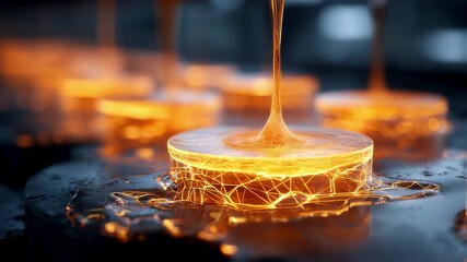 Poster - Molten gold is pouring onto a transparent platform, creating a luminous network of light, symbolizing innovation and technological advancement in material science and engineering