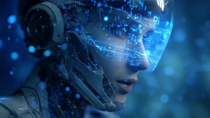 Poster - Astronaut wearing a futuristic helmet with a heads up display explores a new planet, utilizing augmented reality technology to gather and analyze data from the surrounding environment