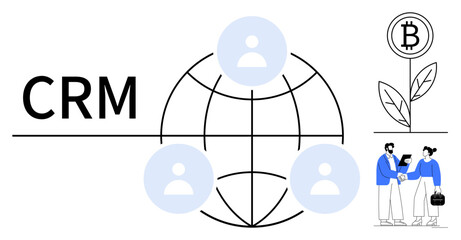 Poster - CRM text with a globe, user icons, bitcoin plant, professionals discussing technology. Ideal for networking, blockchain, teamwork, sustainability technology CRM usage global connectivity. Simple