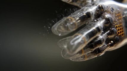 Poster - transparent robotic hand with visible internal mechanisms and honeycomb structure emerging from wate