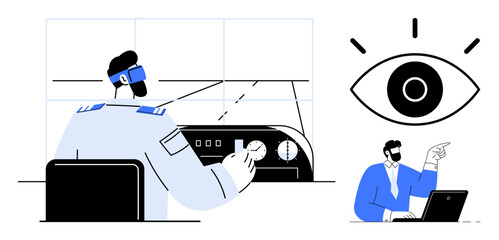 Poster - Pilot uses VR headset for navigation at the control panel, analyst reviews data on laptop, large eye signifies oversight. Ideal for tech, aviation, monitoring, analysis, virtual reality, progress