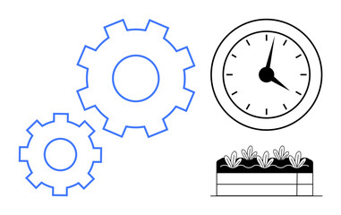 Poster - Interlinked gears, analog clock, and a plant bed conceptually symbolize efficiency, time planning, sustainability, and growth. Ideal for productivity, agriculture, planning ecology teamwork