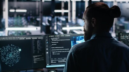 Poster - Data center computer scientist using PC to monitor neural network using AI LLM. IT expert at work using artificial intelligence to oversee servers powering machine learning, camera A