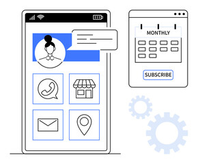 Poster - Smartphone interface displaying user profile, icons for contact, shop, email, and location with subscription calendar nearby. Ideal for communication, e-commerce, planning, organizing reminders