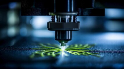 Poster - Automated industrial 3d printer is creating an object made of green filament, showcasing innovation and precision in modern manufacturing technology in a dark environment