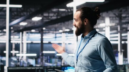 Poster - Data center system administrator showcasing supercomputers gear and AI technology, filming presentation tour. Server room IT expert presenting artificial intelligence neural networks tech, camera A