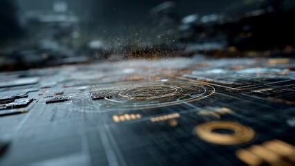Aufkleber - Golden particles floating over a futuristic printed circuit board, creating a mesmerizing display of technological advancement and innovation