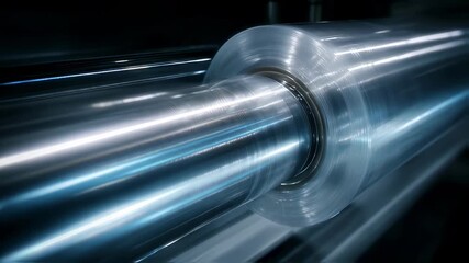 Poster - Inside a factory, a large roll of transparent plastic film is being processed by an automatic conveyor system, highlighting the advanced technology and efficiency of modern industrial manufacturing