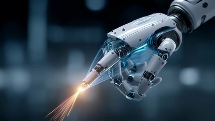 Poster - White robotic hand engaging with a digital interface, generating sparks and embodying the essence of innovation and advanced technology within a captivating futuristic environment