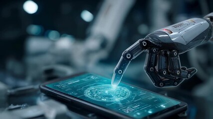 Poster - Advanced robotic arm engaging with holographic interface on smartphone, showcasing cutting edge technology and innovation in a modern setting
