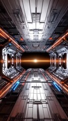 Poster - Futuristic metallic corridor with symmetrical design, orange and blue neon lights, and bright light source at the vanishing point