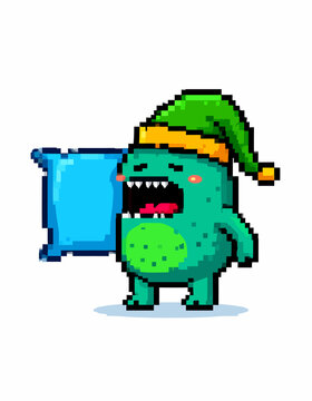 Pixel Art Dreamland Cute Monster with Pillow, Yawning and Ready for Sleep in Adorable Pixelated Style, Ideal for Children's Designs and Creative Digital Projects.